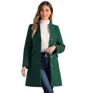 Winter Overcoat V Neck Single Breasted Long Coat Dark Green